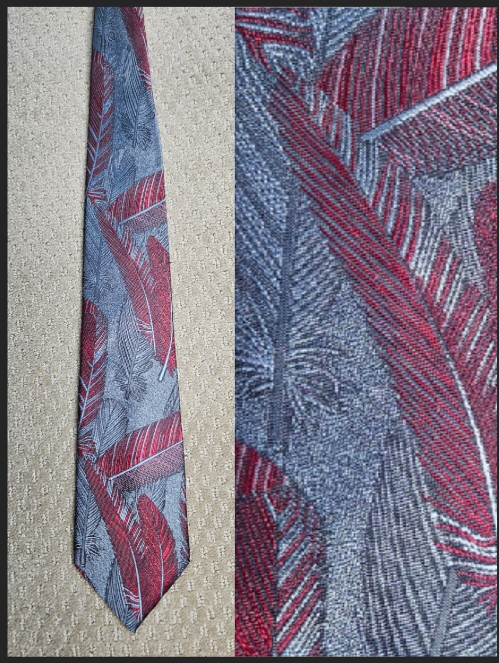 Oscar De La Renta Studio polyester / silk blend gray & red feather design tie